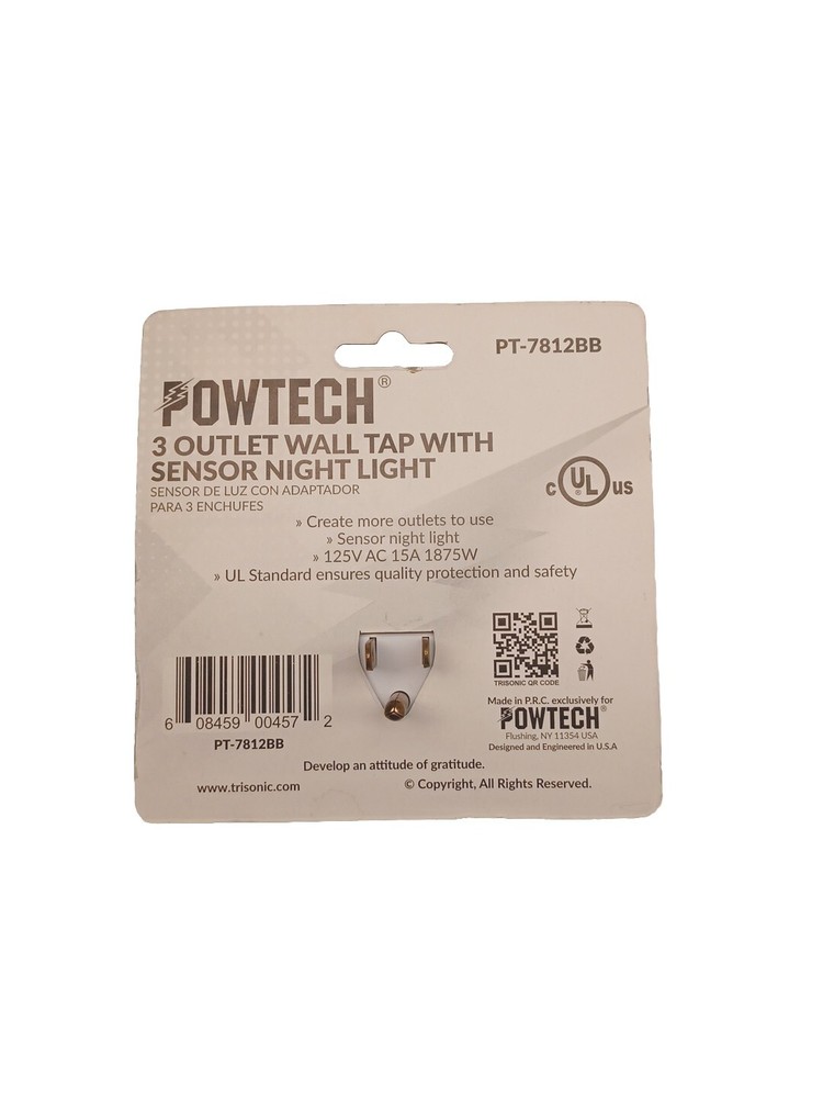 2 Pack 3 Outlet Wall Tap with Sensor Night Light Grounded Outlets