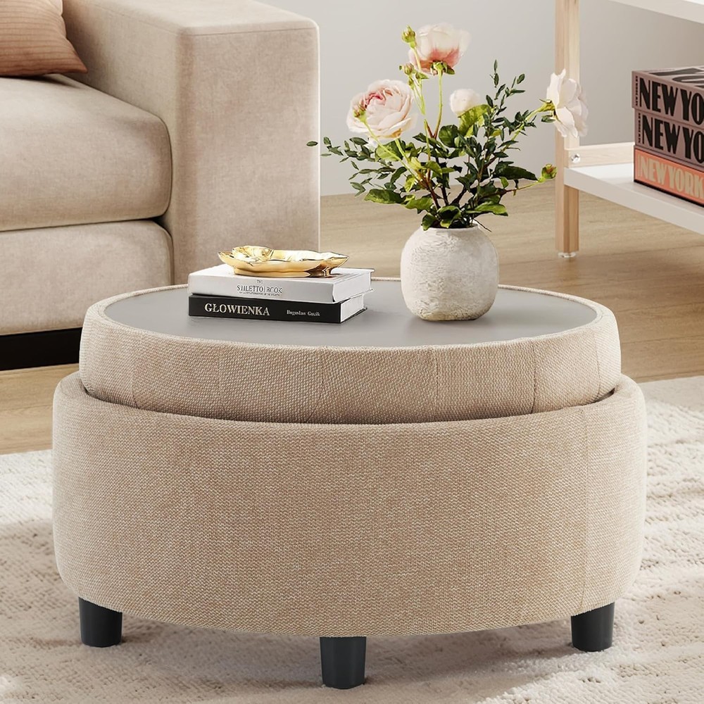 Fabric Round Storage Ottoman W/ Reversible Tray Lid – Multi-Functional Footrest