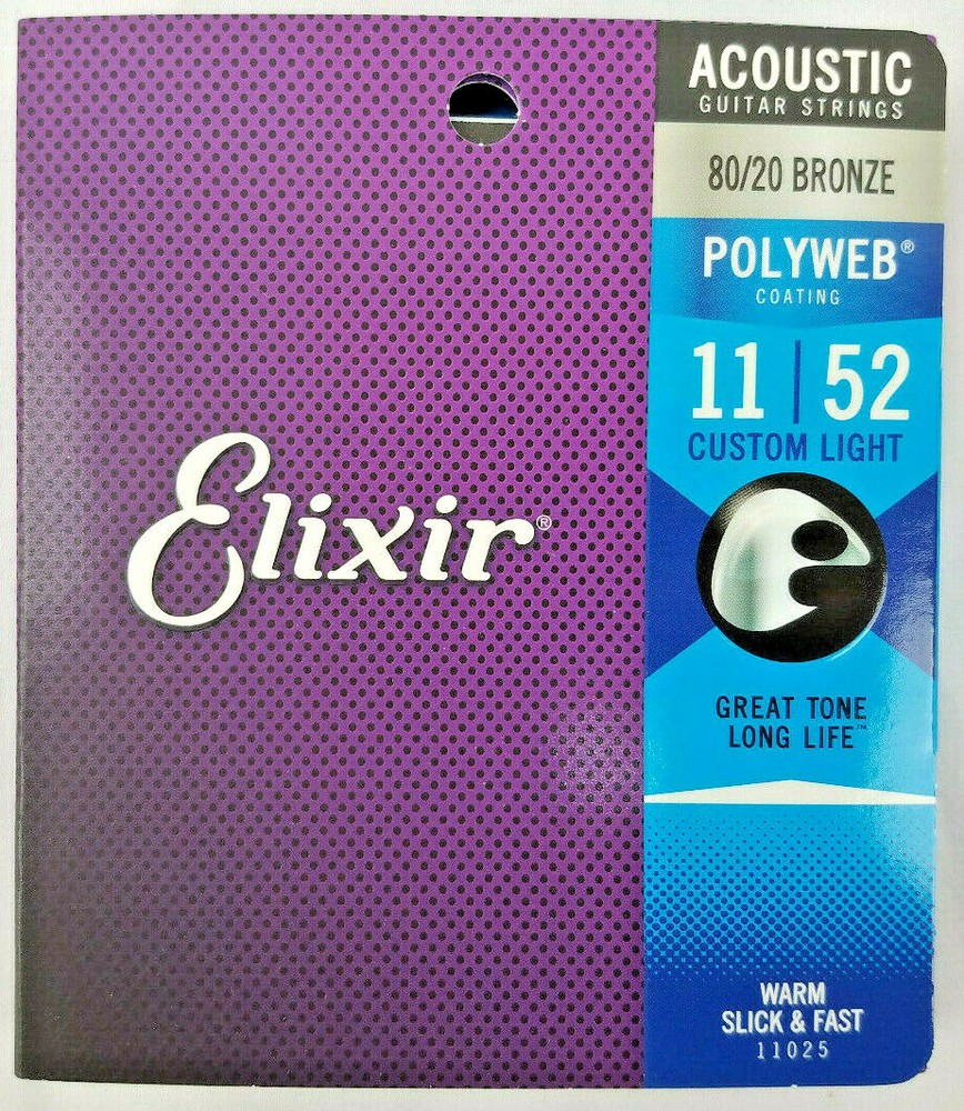 Elixir 11025 11-52 Custom Light 80/20 Polyweb Coated Acoustic Guitar String Set