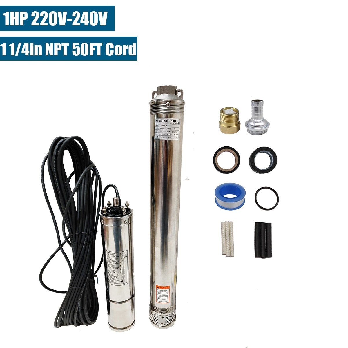 1HP 4" Deep Well Submersible Pump 220V 33GPM 257FT Max 50FT Cord Stainless Steel