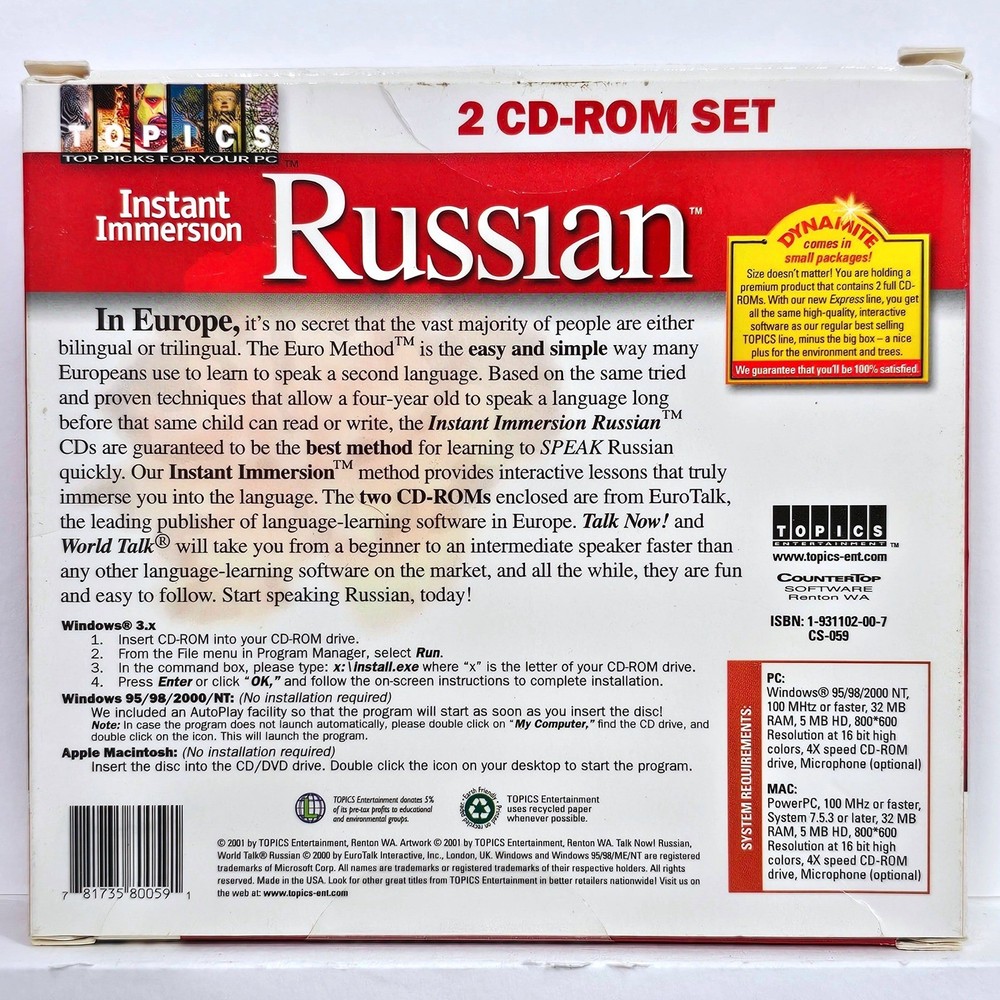 EuroTalk Instant Immersion Russian 2 CD Set PC Mac Language Learning Software