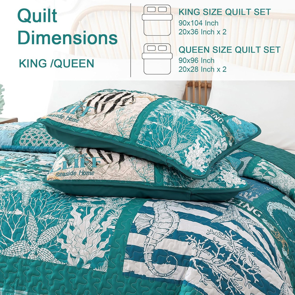 Coastal King Size Quilt Set 3PC Reversible Lightweight Ocean Patchwork Bedspread