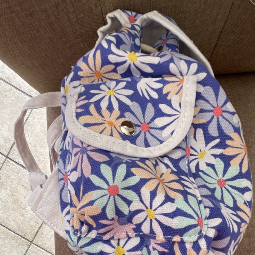 Cat & Jack Floral Canvas Backpack Purple White Adjustable Strap Drawstring 11in