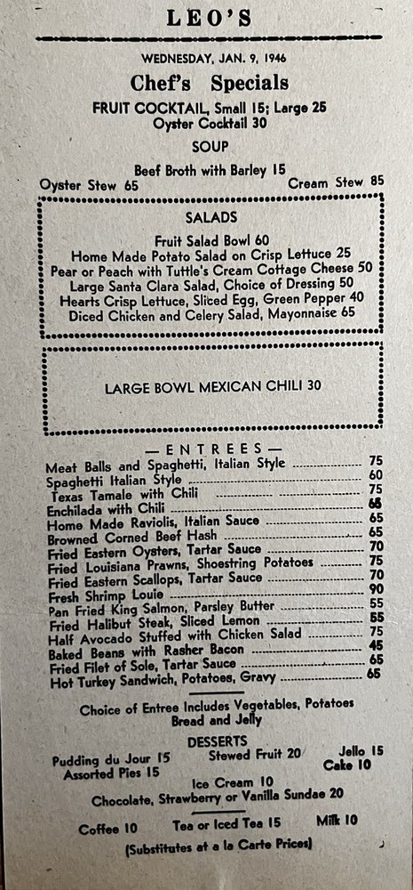 Vintage 1940s Leo’s Restaurant Menu With Chef’s Specials Insert