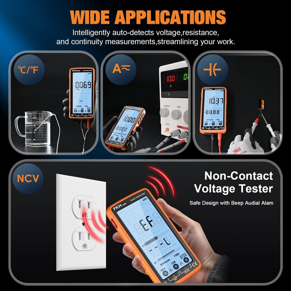 Digital Multimeter Tester Auto-Ranging TRMS 6000 Counts Smart Rechargeable Volt