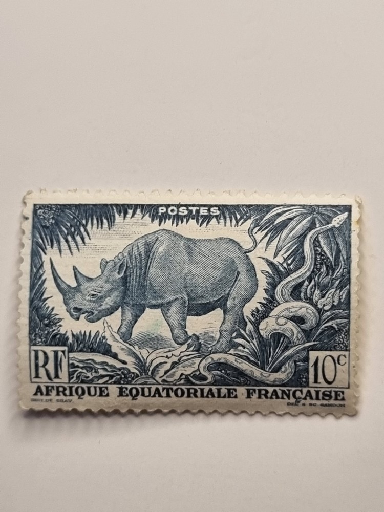 French Equatorial Africa 1946 Rhinoceros & Python 10c Stamp - Mint Hinged MH RM1