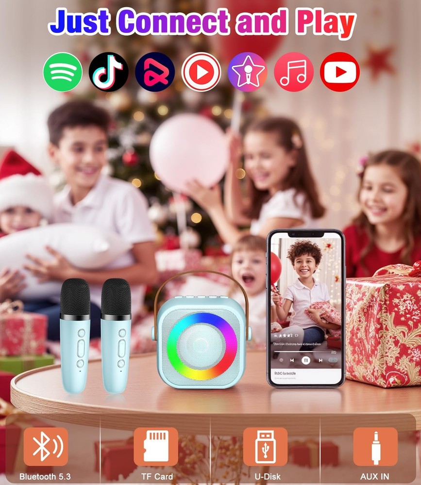 Mini Karaoke Machine, Portable Bluetooth Speaker with 2 Wireless Microphones ...