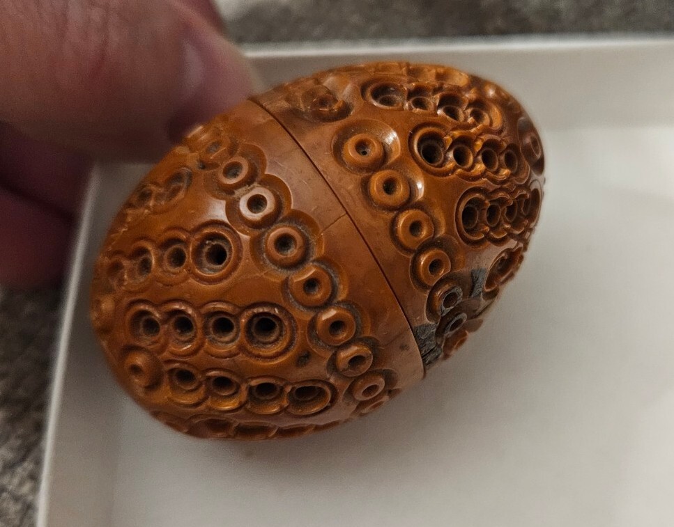 Old SEWING Needle, Thimble, Pin Holder EGG SHAPE  CARVED