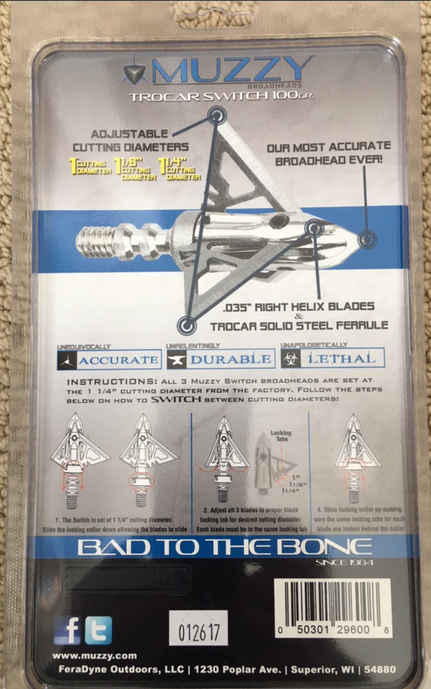 Muzzy Trocar Switch Adjustable Cutting Diameter 3 Blade 100 Grain ( 2 ) - Packs