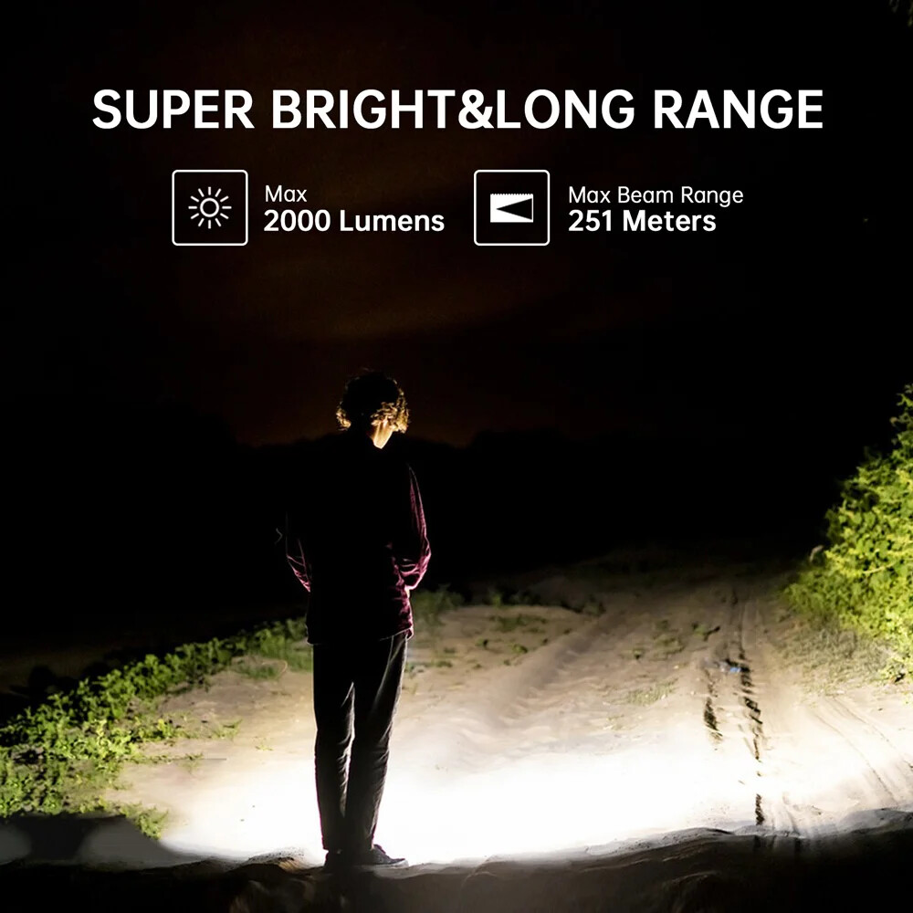 RGB Light 2000lm Powerful LED Flashlight 5V 2A 18650 USB C Rechargeable Torch