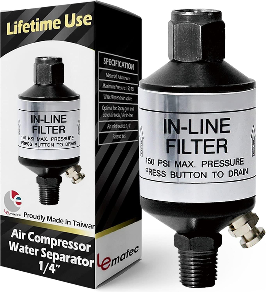 Air Compressor Water Separator, 1/4 NPT Inline Moisture Filter & Water Trap with