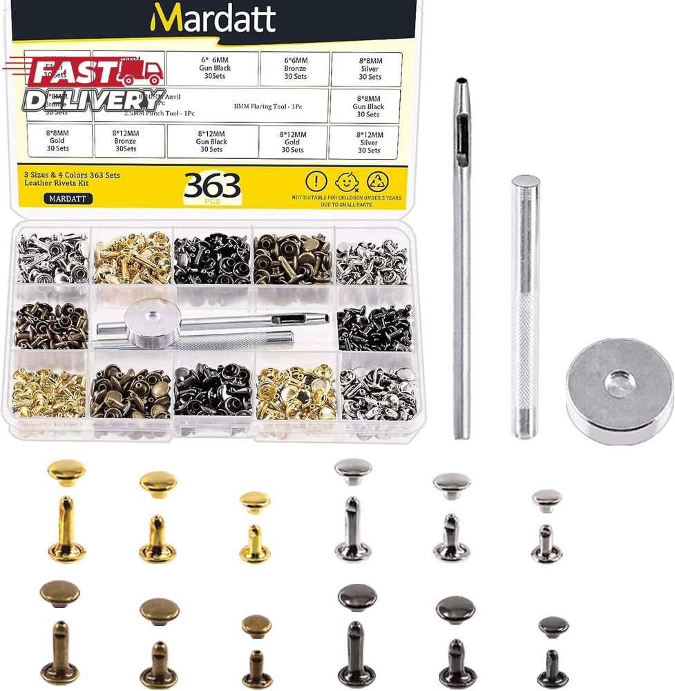 Mardatt 360 Sets Double Cap Rivets with Setting Tool Kit, 4 Colors 3 Sizes Leath