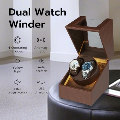 Watch Winder with Led Light, Dual Watch Winder Box for Automatic Brown