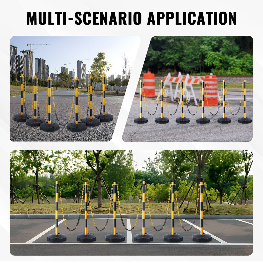 8FT 6-Pack Adjustable Traffic Delineator Posts with Fillable Base & Chain