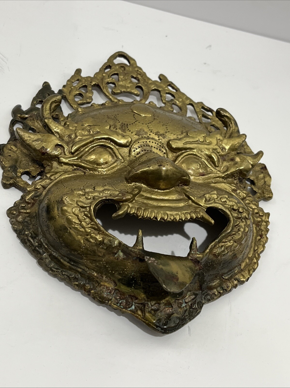 Antique or Vintage Gilt Bronze Tibetan Buddha Mahakala Mask Wall Hanging 9” T