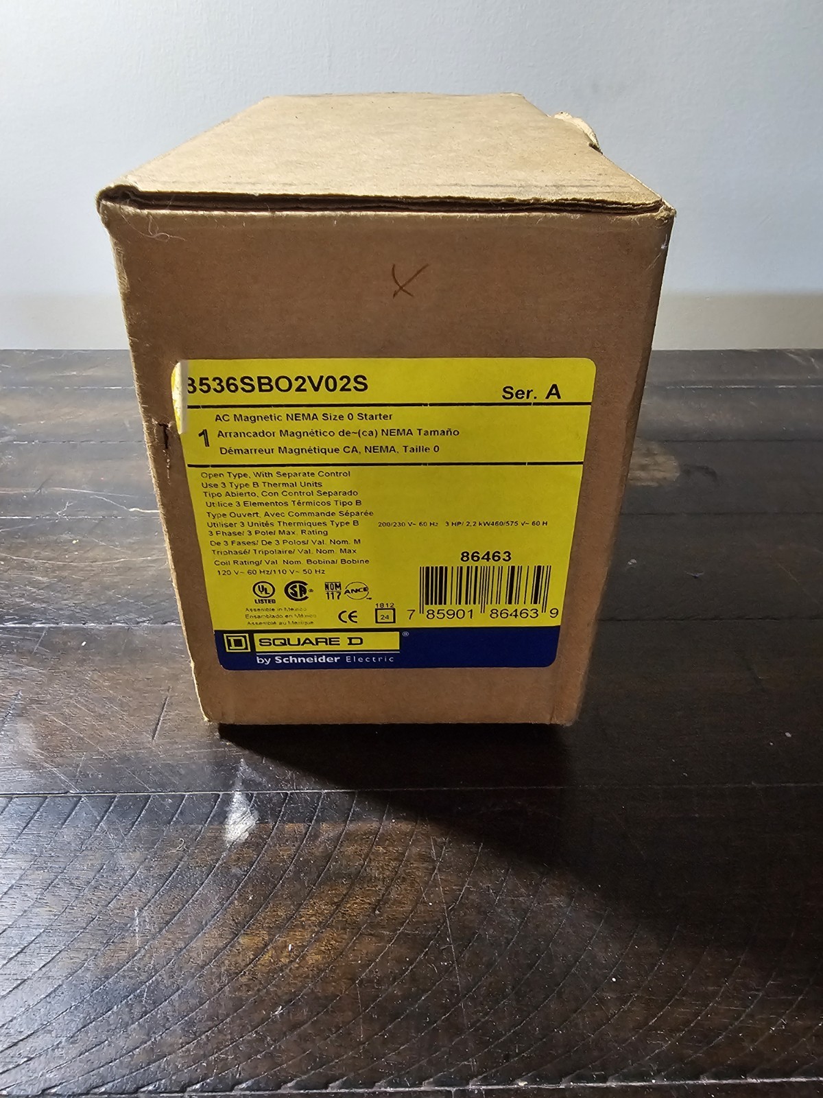 SQUARE D AC Starter: 8536SBO2V02S, 1H491, 3 Poles, NEMA Size 0, 18 A, 120V