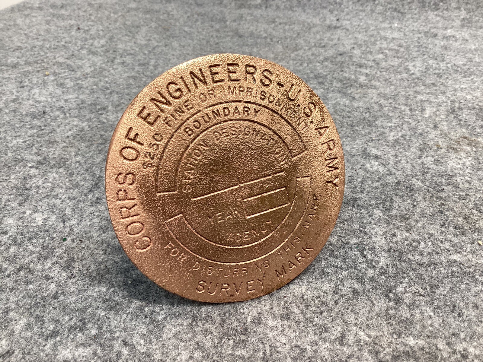 Vintage Brass U.S. Army Corp of Engineers Survey Mark Non Commissioned