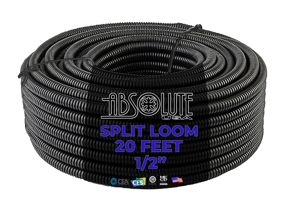 Absolute 3-Pack 1/4", 3/8", 1/2" x 20 Feet Each Split Wire Loom Convoluted