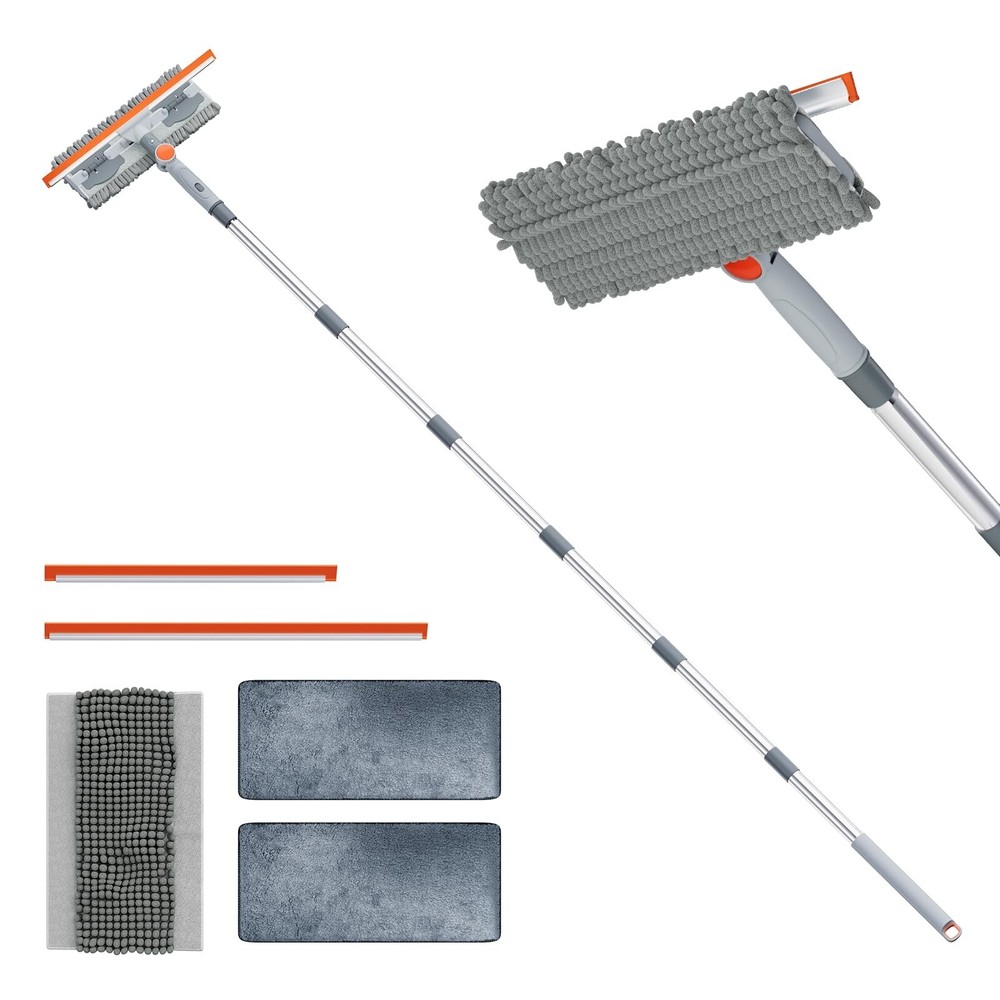 6.4FT Extendable 2-in-1 Window Squeegee & Scrubber with Long Handle, 180° A