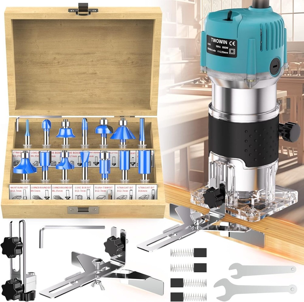 Versatile 110V Handheld Router Tool with 15 Tungsten Carbide Bits and Organizer