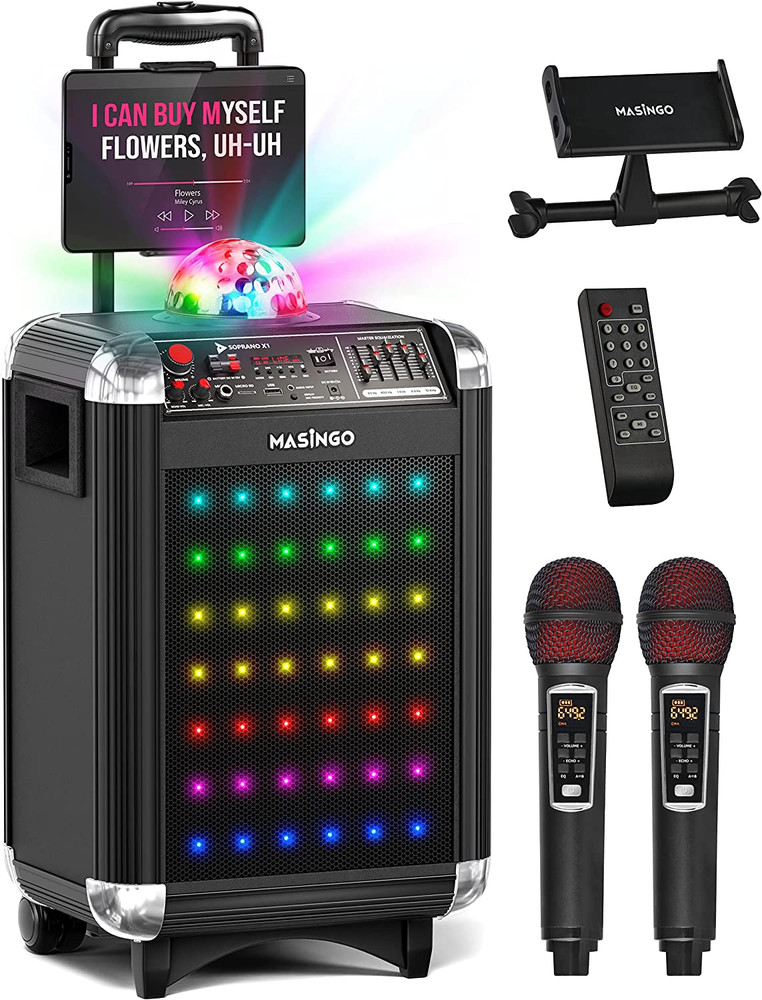 Karaoke Machine Bluetooth Portable Singing Speaker System with Mics, Party Light