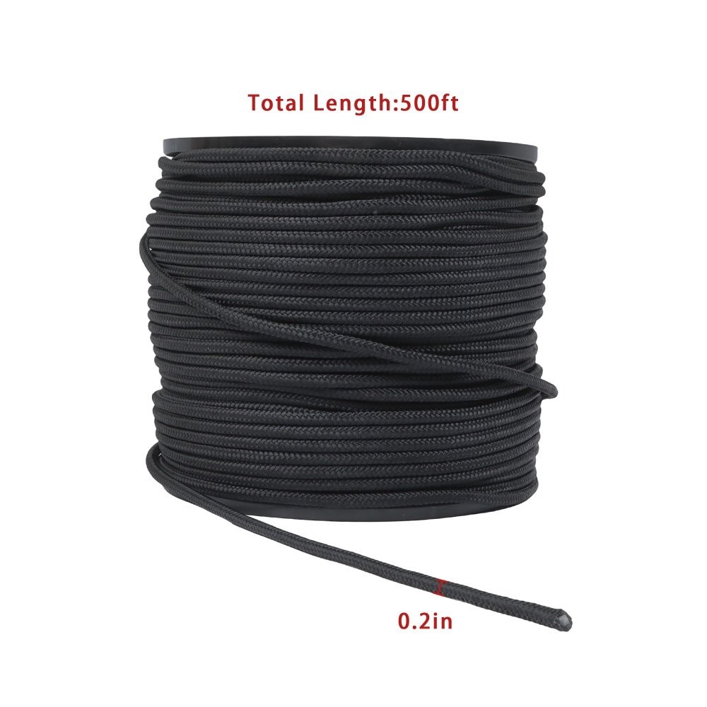 1/4" × 500' Black Nylon Rope Sturdy Spool Solid Braid Knot Rope Multipurpose