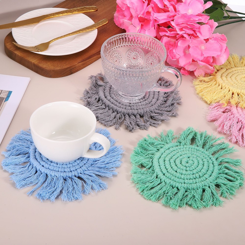 2Pcs Boho Coasters, Woven Drink Coasters with Tassel, Black
