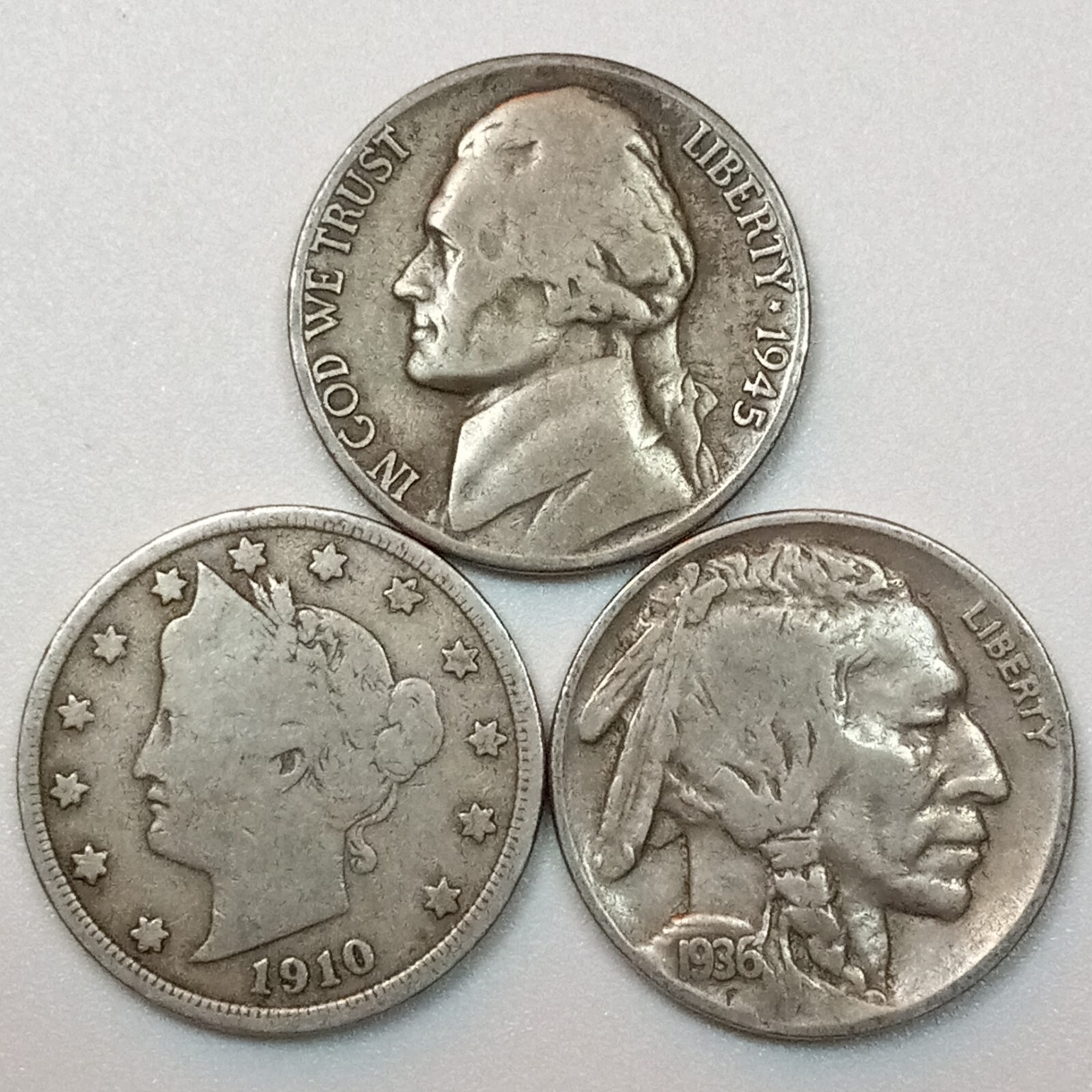 US COINS- Silver WW2 Nickel, Liberty Nickel, Buffalo Nickel- 3 Coin Set- NO JUNK