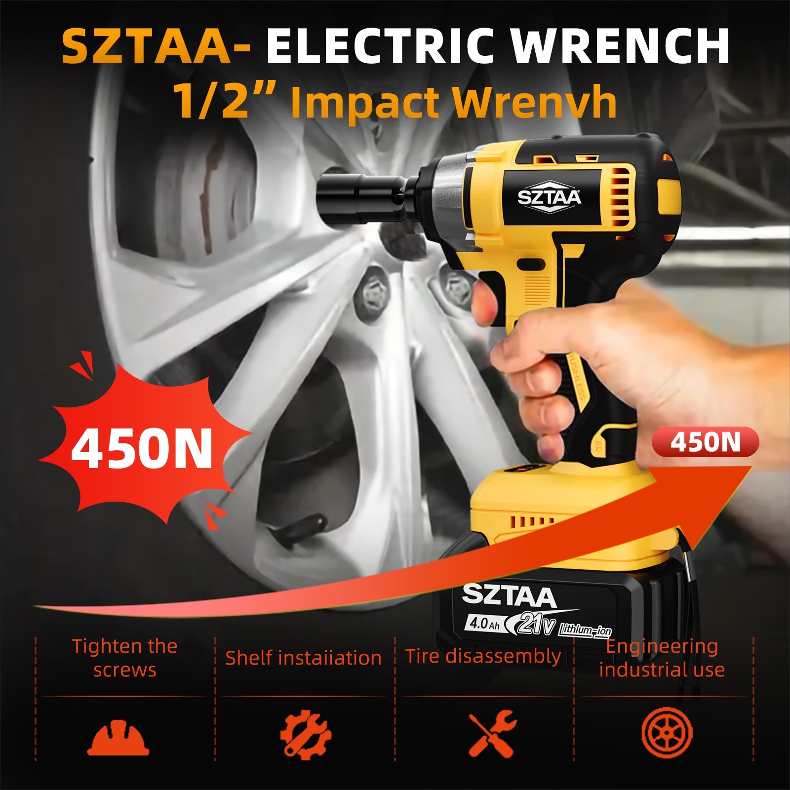 Cordless Impact Wrench 450Nm Power Tool, Lug Nut Removal, DIY Garage Tool​