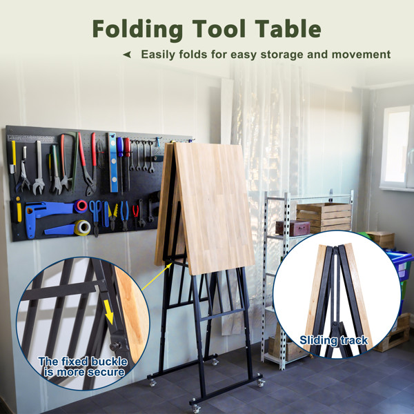 Foldable solid wood workbench with casters and adjustable height