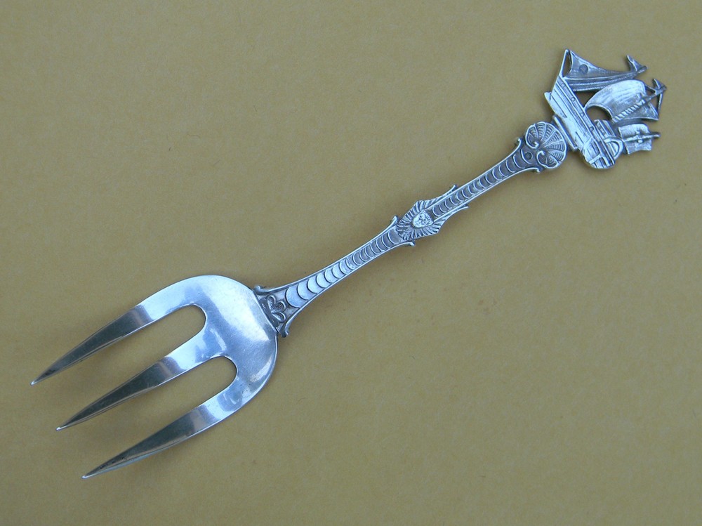 Ornate Antique Dutch Silver Bread Fork Ship & Shell 1929