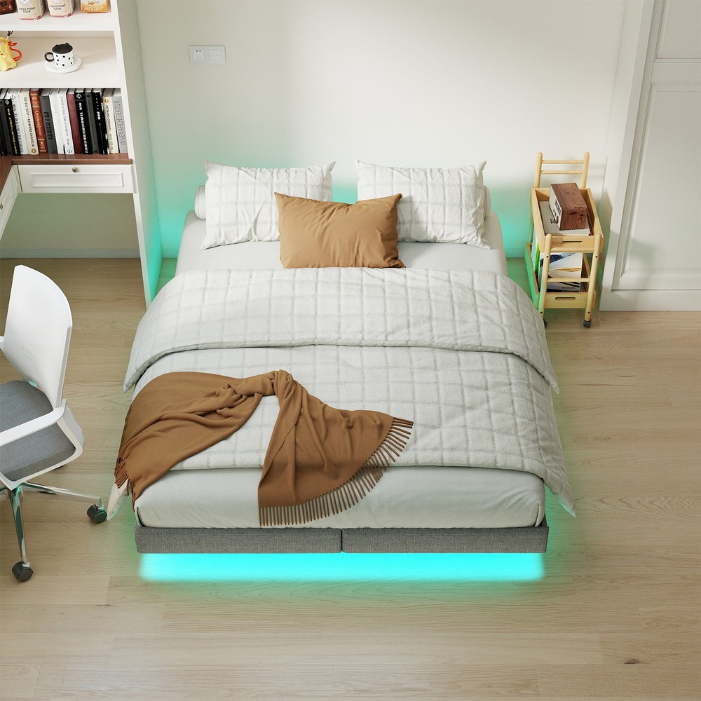 King Floating Bed Frame with LED Lights & Under Bed Storage No Box Spring Needed