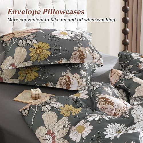 Comforter Set 7 Pieces Bedding Sets,Floral Comforter and Sheet Queen Gray