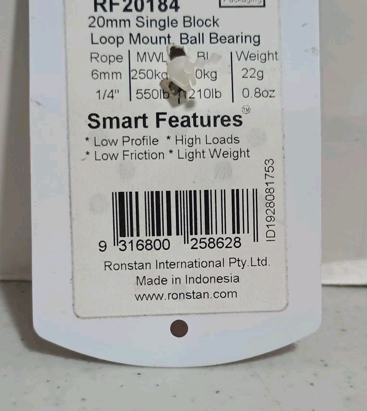 Ronstan RF20184 20mm Single Block Loop Mount Ball Bearing