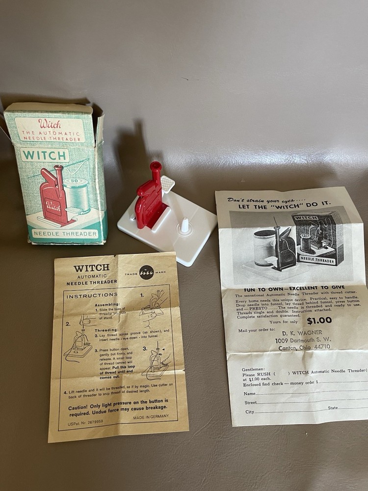 Vintage Witch sewing Needle Threader wt Instructions In Original Box (E24)