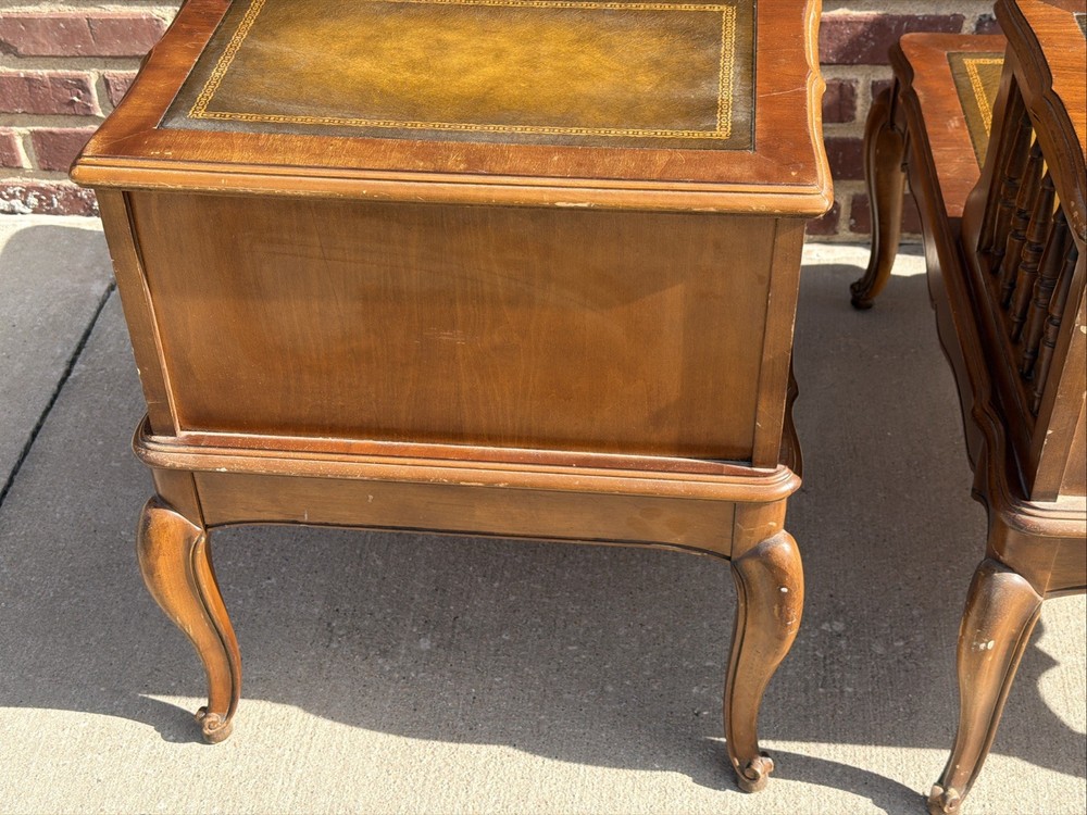 PAIR Step-Back Tooled Leather Top ANTIQUE Side End Tables
