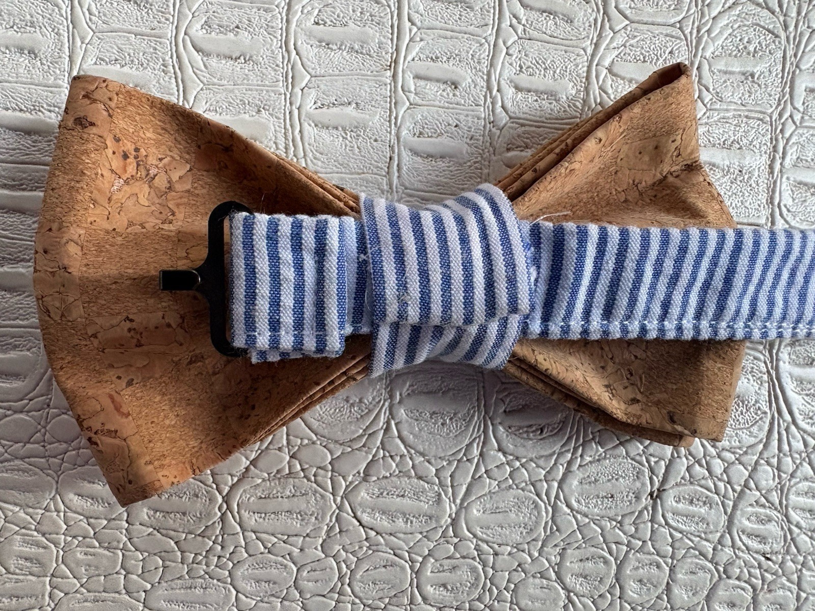 Genuine Cork Bow Tie Boys Embroidered Crab Nautical Seashore Blue White Stripe