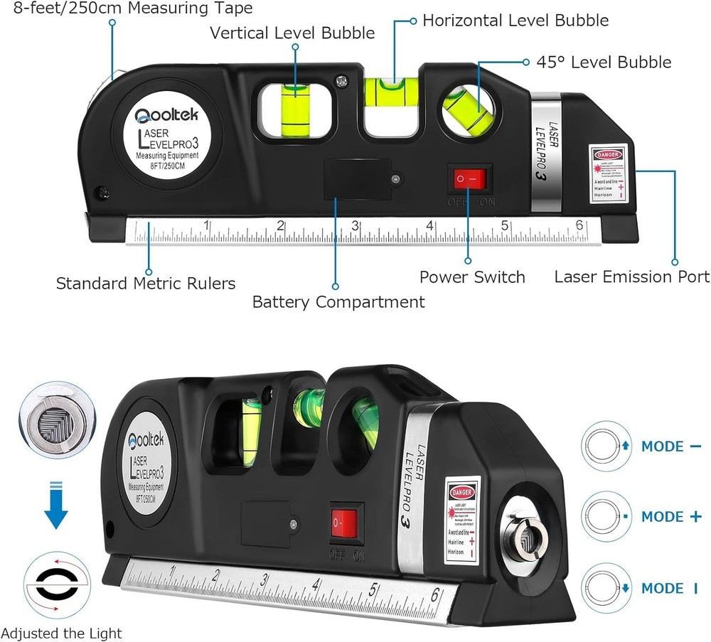 Precision Laser Level Multi Tool with 8ft Measuring Tape for DIY Projects