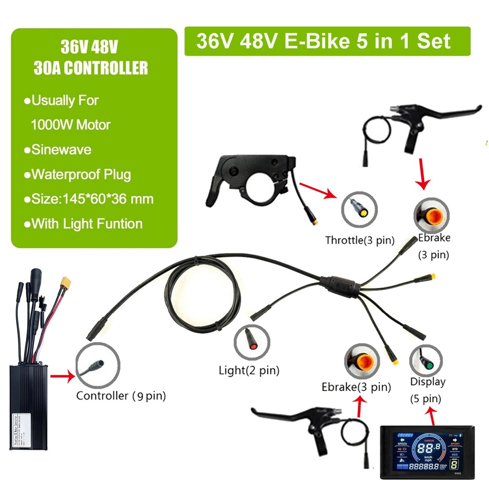 36V/48V 30A 1000W 3mode Ebike Controller+LCD S966 Display+Brake+PAS+Throttle Kit