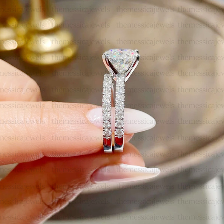 1.94 TCW Round Cut Moissanite Bridal Set Engagement Ring 14k White Gold Plated