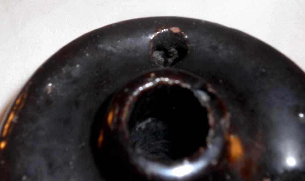 Antique Dark Brown Manganese Glazed Redware Inkwell with 3 Quill Storing Holes