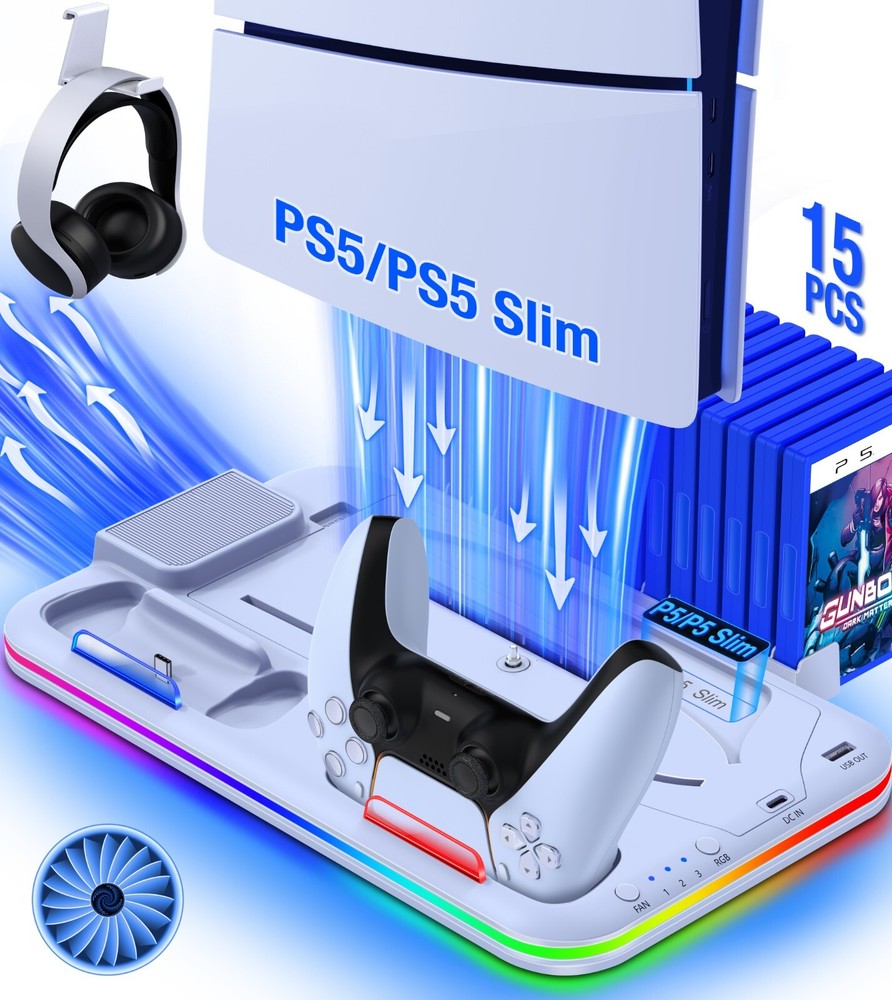 For PS5 Dualsense Controller Charging Station PS5 Slim Cooling Fan (White)