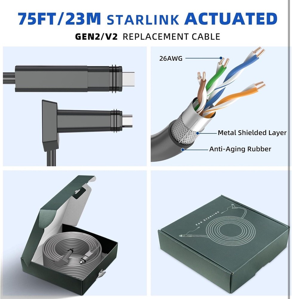 Starlink Replacement Cable (75FT / 23M) for Starlink Rectangular Satellite V2