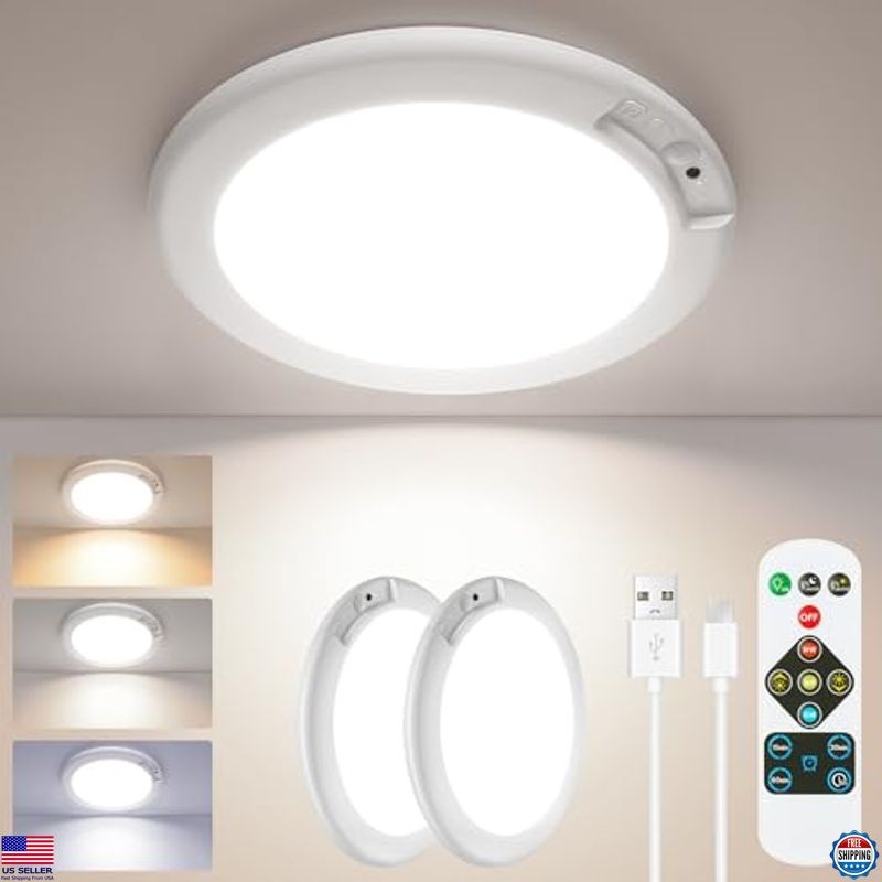 SunRider 2Pack Rechargeable Motion Sensor LED Ceiling Light with Remote, 3CCT