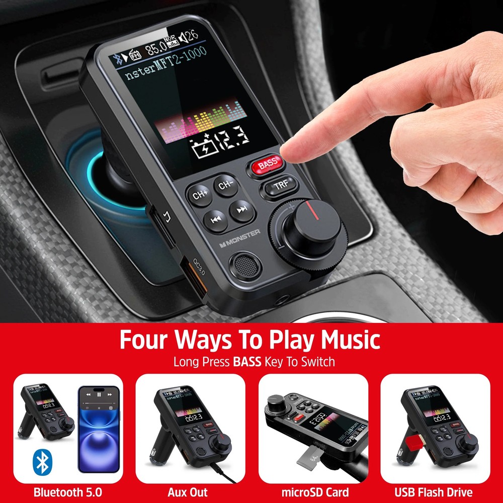 Monster 18W Bluetooth FM Transmitter with QC 3.0 Fast Charging, Hands-Free Calls