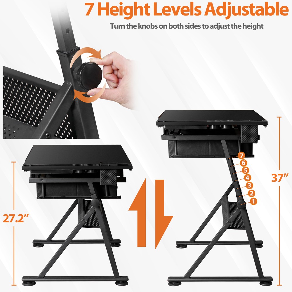 Adjustable Drafting Table & Stool Set Artist Desk with Charging Station Black