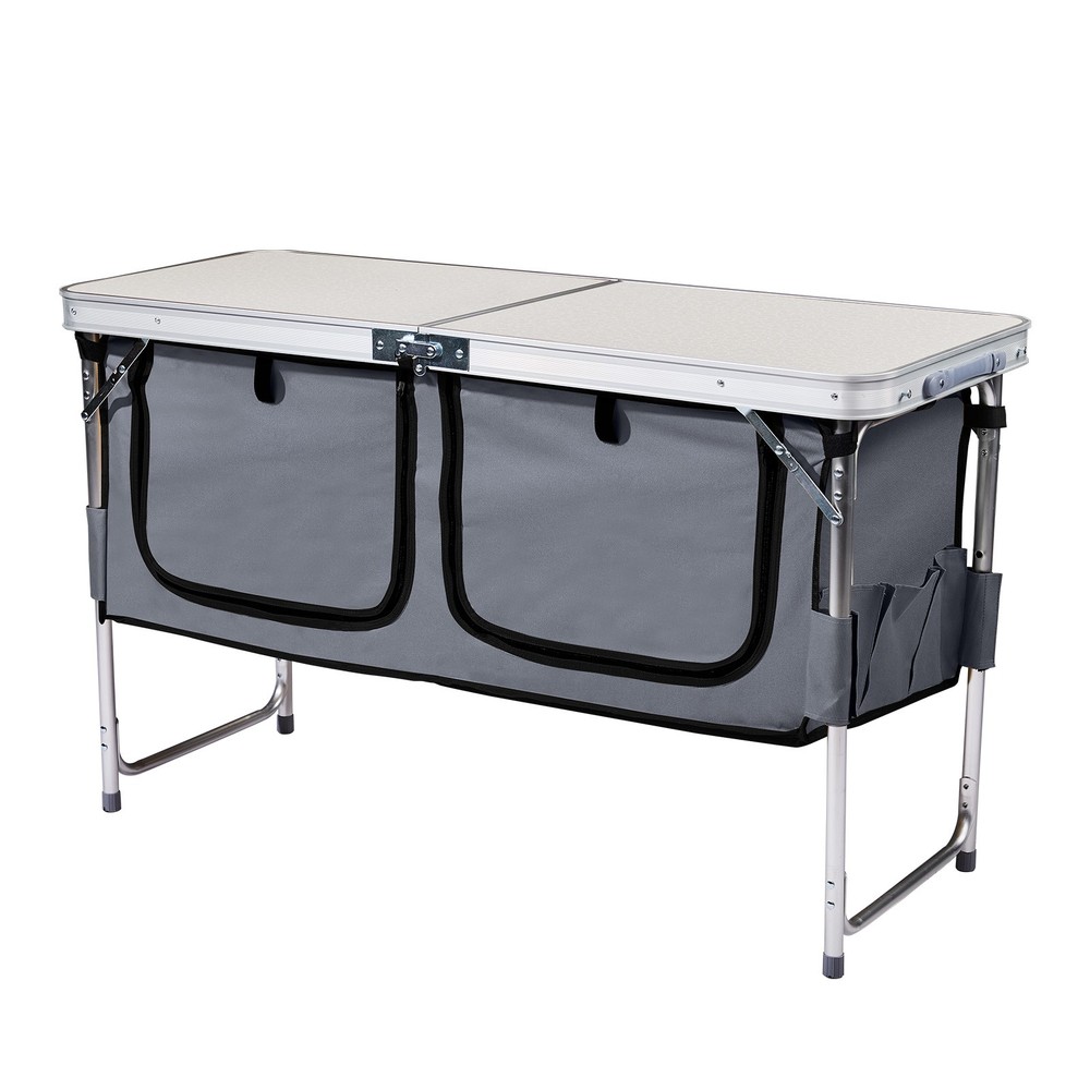 4ft White Folding Camping Table w/ Storage & Adjustable Height, Portable