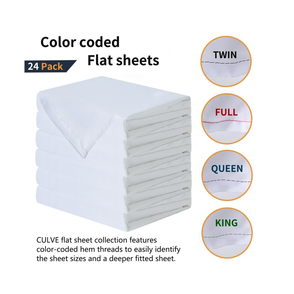 Bulk Full Flat Sheets Only, White 24 Pack Quick Sort Top Bed Sheet, Color-Cod...