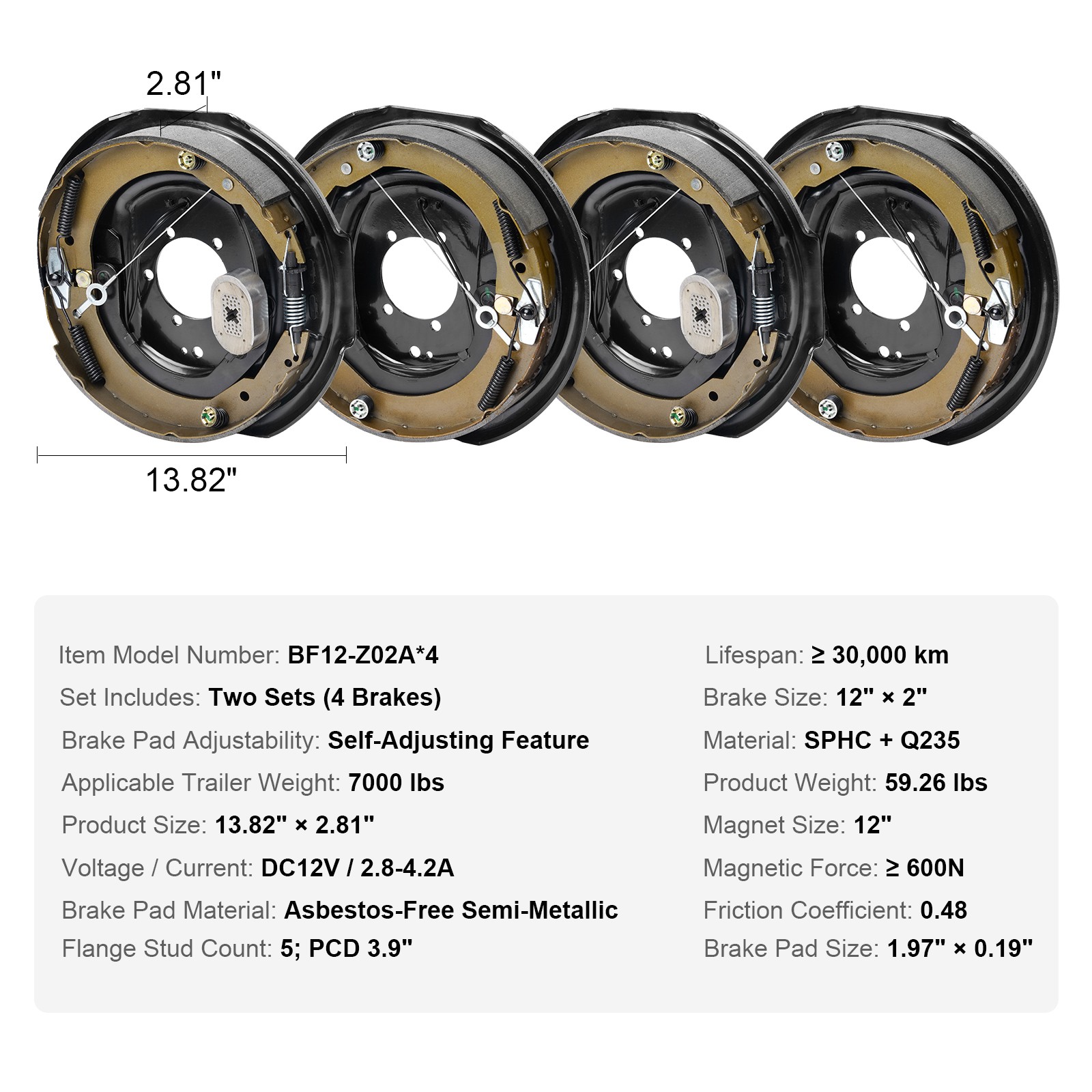 VEVOR Electric Trailer Brake 12" x 2" Self-Adjusting Assembly 2 Pairs 7000 lbs