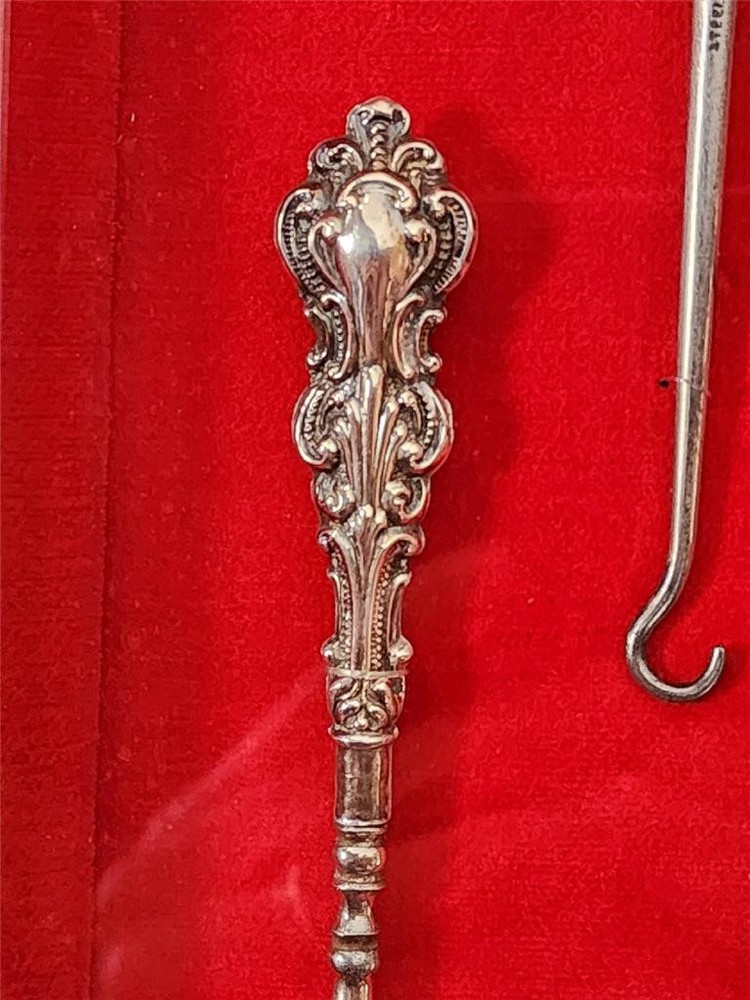 Antique Sterling Silver Handled Shoe Button Hooks in Shadow Box Frame - Nice